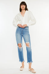 Kancan Distressed Frayed Hem Cropped Jeans - Trendy Women's Denim